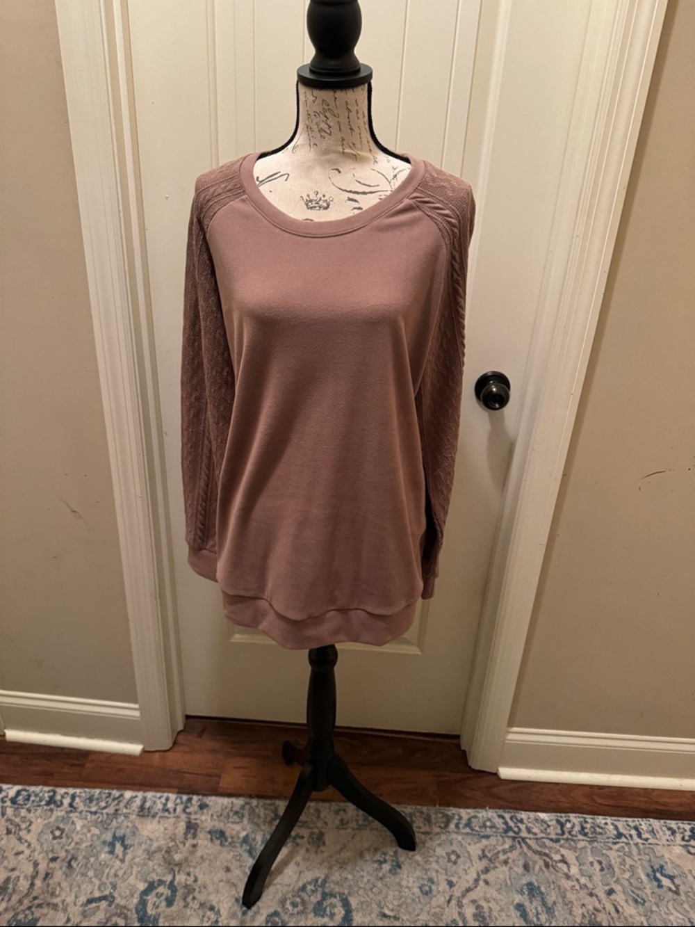 Long Sleeve Cable-Sleeve Pullover Top - Dusty Rose